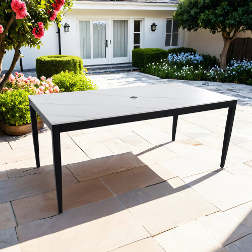 Outdoor Modern Patio 35.5"x71" Aluminum Dining Table, Greek White Marble-Inspired Sintered Stone Top, Ember Black Finish, Post Tapered Legs-Seats Six, Weatherproof & Rust-Free
