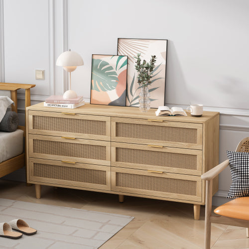 Natural Tone 6-Drawer Rattan Storage Cabinet Anti-Tipping Design Household Bedroom Living Room Multi-Functional Drawer Chest