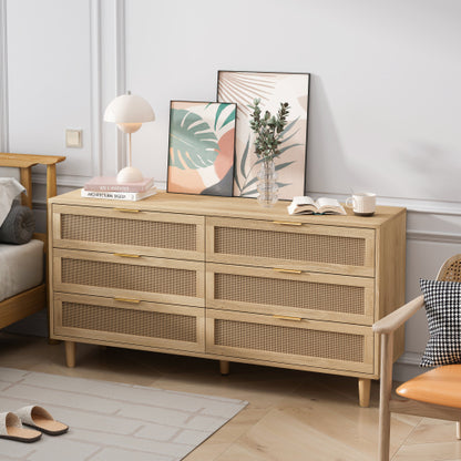 Natural Tone 6-Drawer Rattan Storage Cabinet Anti-Tipping Design Household Bedroom Living Room Multi-Functional Drawer Chest