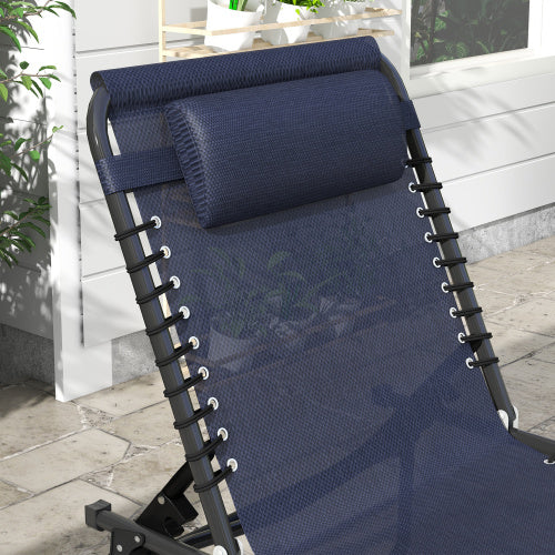 Outsunny Folding Chaise Lounge Pool Chair Set of 2, Patio Sun Tanning Chair, Outdoor Lounge Chair w/ Reclining Back, Pillow, Breathable Mesh & Bungee Seat for Beach, Dark Blue