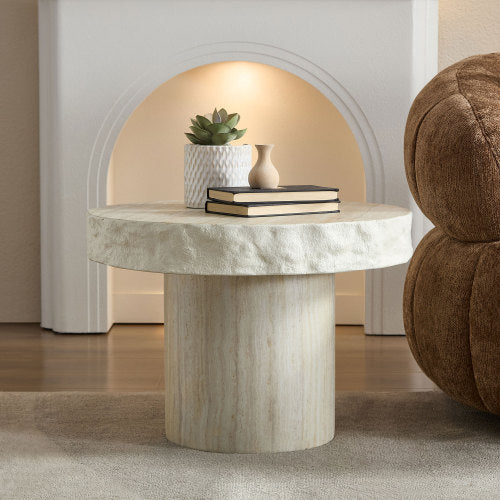 23.82inch  Beige Faux Mars Texture Fiberglass Coffee Table, No Assembly