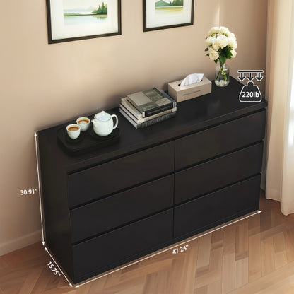 6 Drawer Black Dresser, Modern Bedroom Dresser with Spacious Countertop, Wood Storage Cabinet with Concealed Handles & 6 Deep Drawers for Bedroom, Living Room, Entryway, 15.7" D x 47.2" W x 30.9" H