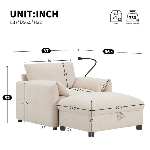 37 inch  Chenille Single Sofa Chair, Storage Ottoman, Dual Charging Ports, Phone Holder