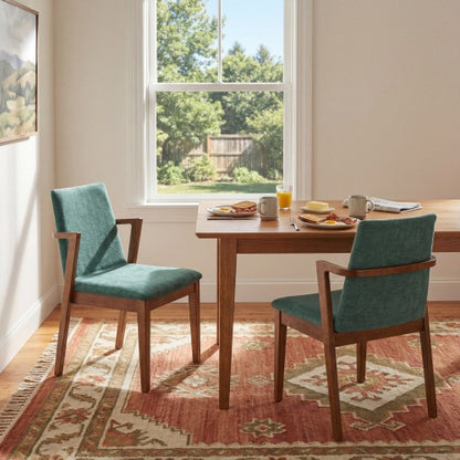 Set of 2 Mid-Century Green Fabric Arm Dining Chairs, Walnut Rubber Wood Frame 250lbs Capacity