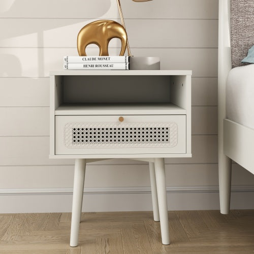 Cream White Dual-Tier Woven Nightstand