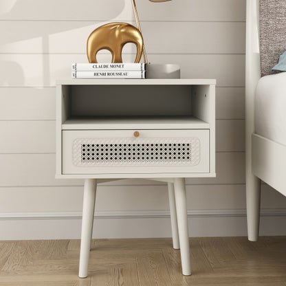 Cream White Dual-Tier Woven Nightstand