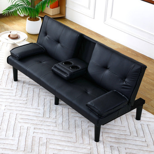 67-Inch Black PVC Multi-Functional Foldable Sofa Bed with Built-In Cup Holder