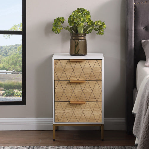 Nightstand with 3 Drawers, Mid-Century Modern End Table,Gold MetalFeet, Gold Metal Handles , Drawer Panels are Shaped by Cutting Lines,End Table for Bedroom,White and Natural