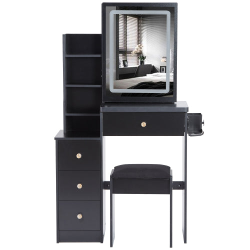 29.2" Small Size Left Bedside Cabinet Vanity Table + Cushioned Stool, 2 AC+2 USB Power Station, Hair dryer bracket, Extra Large Touch Control Sliding LED Mirror, Tri-color Switching, Brightness Adjust
