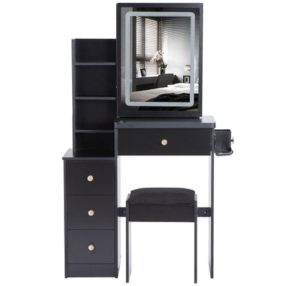 29.2" Small Size Left Bedside Cabinet Vanity Table + Cushioned Stool, 2 AC+2 USB Power Station, Hair dryer bracket, Extra Large Touch Control Sliding LED Mirror, Tri-color Switching, Brightness Adjust