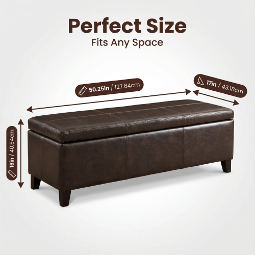 Distressed Brown Vegan Leather Storage Ottoman Bench, 50.25 Inch Assembled Entryway Bench with Safety Hinge