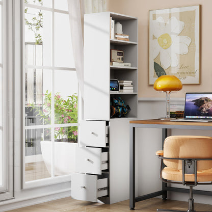 Tall Display Storage Cabinet with Shelves and Side Drawers