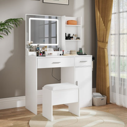 White Makeup Vanity Set with LED Mirror, Charging Station, Stool, 2 Drawers, Open Shelves & Storage Cabinet