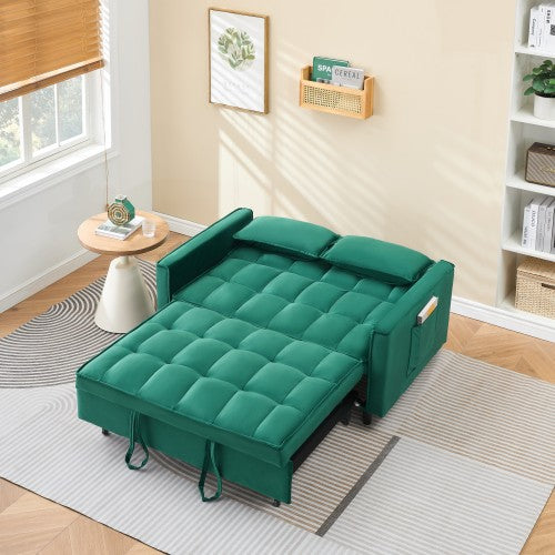 55-Inch Green Velvet 3-in-1 Convertible Sleeper Loveseat Sofa-Bed with Side Pockets for Living-Room Guest-Room