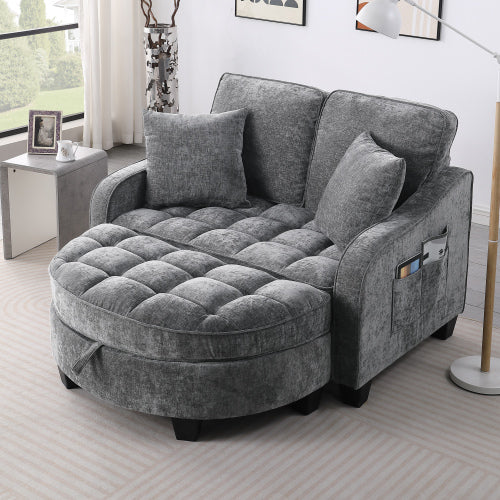 Gray 2-Seater Sofa with Irregular Arms, Storage Footrest & 2 Throw Pillows
