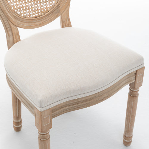 Rattan Back Wood Dining Chairs with Linen Seats, Set of 2, Beige