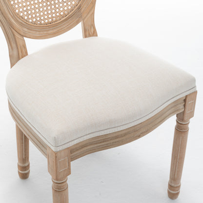 Rattan Back Wood Dining Chairs with Linen Seats, Set of 2, Beige