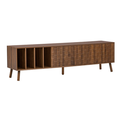 68 inch Mid-Century Modern TV Stand with Solid Wood Legs, Storage Cabinets & Open Shelves