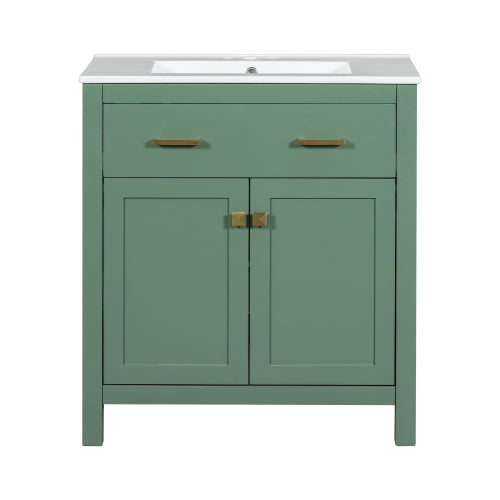 30-inch Bathroom Vanity with Ceramic Sink, Modern Green Single Bathroom Cabinet with 2 Doors and a Shelf, Soft Close Doors