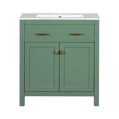 30-inch Bathroom Vanity with Ceramic Sink, Modern Green Single Bathroom Cabinet with 2 Doors and a Shelf, Soft Close Doors
