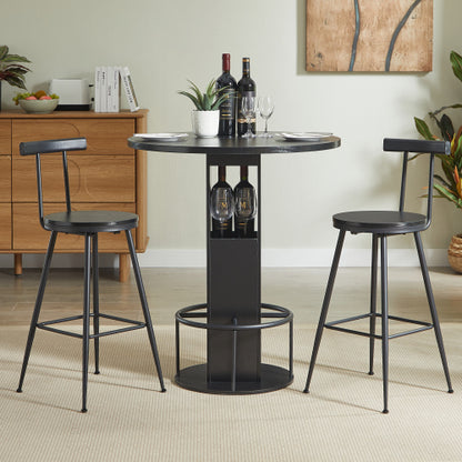 3-Piece Bar Table and Stool Set 31.5-inch round bar table with two stools Compact wooden dining bar with metal ring footrest Ideal for restaurants, cafes, bars, living rooms, and small spaces,Black