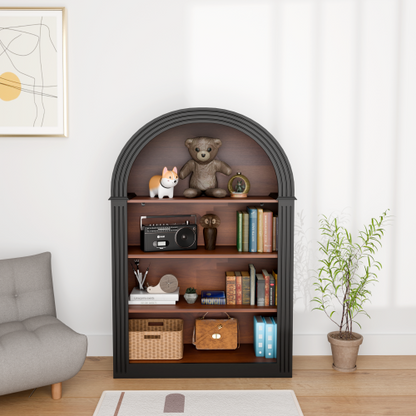 Arched 4-Shelf Tall Wood Bookcase Open Display Storage Shelf Black