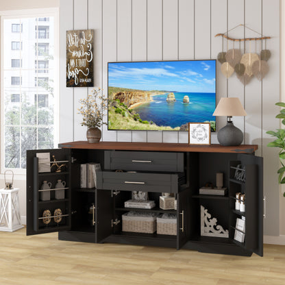 63 inch Farmhouse Barn Door Storage Cabinet with 2 Drawers & Door Rack, Large Buffet Table Coffee Bar Cabinets with Adjustable Shelves for Kitchen, Living Room, Entryway, Dining Room, Black