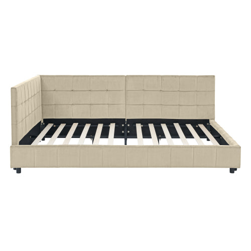 Full Size Upholstered Tufted  Bed Frame, Sofa Bed Frame with Comfortable Backrest and Armrests, Full Size Bed for Bedroom, Living Room,Velvet, NEW BEIGE(80.5inch *59inch *30.5inch )