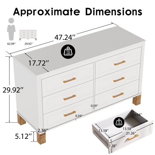 White 6 Drawer Double Dresser Modern Storage Cabinet with Metal Handles Solid Wood Legs