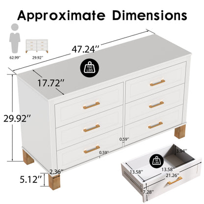 White 6 Drawer Double Dresser Modern Storage Cabinet with Metal Handles Solid Wood Legs