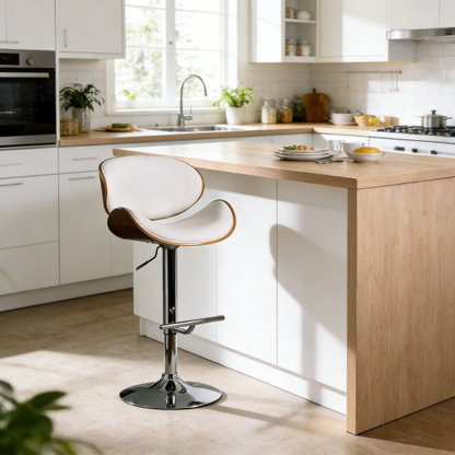 Modern Contemporary Swivel Walnut Bentwood Lift Adjustable Height Bar Stool with Curved Seat and Back (White)