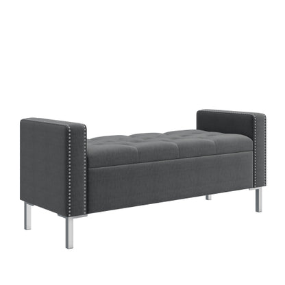 Square Arm Tufted Top Storage Bench Ottoman with Pewter Nailhead Trim in Plush Velvet in Charcoal Gray
