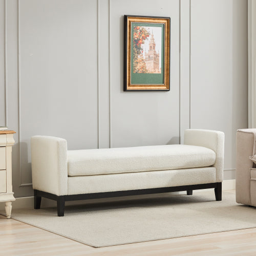 66.34inch W Elegant Upholstered Bench,Daybed, Ottoman with Wood Legs & 2 Bolster Pillows for End of Bed, Bedroom, Living Room, Entryway,Ivory Boucle