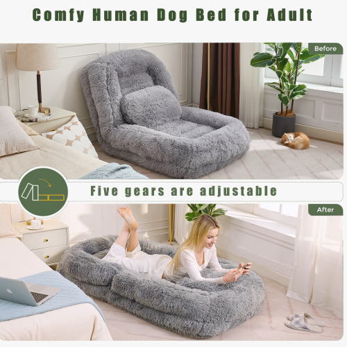 Light Gray 5-Position Adjustable Human-Size Floor Sofa Bed, Plush Faux Fur