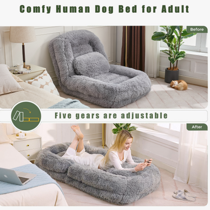 Light Gray 5-Position Adjustable Human-Size Floor Sofa Bed, Plush Faux Fur