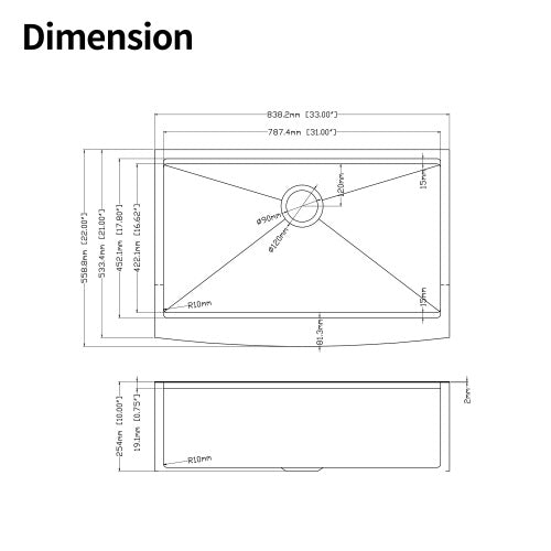 33x22x10"Farmhouse Apron Single Bowl Stainless Steel Kitchen Sink with Workstation