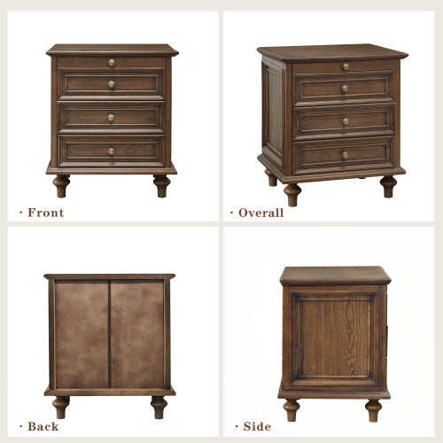 Walnut Brown Farmhouse Nightstand, 4 Drawers with Pull-Out Tray & Solid Wood Legs