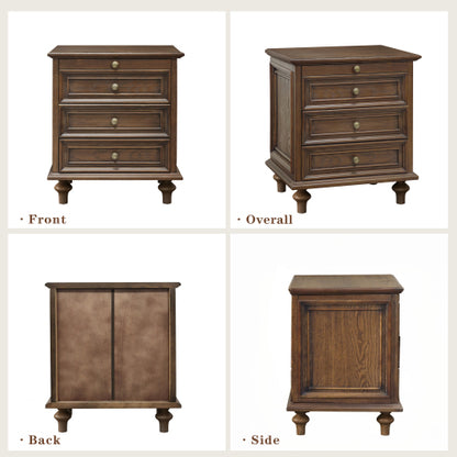 Walnut Brown Farmhouse Nightstand, 4 Drawers with Pull-Out Tray & Solid Wood Legs