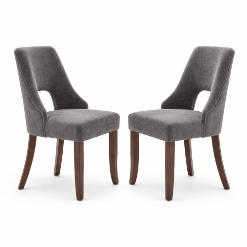 2-Piece Tufted Chenille Dining Chairs, Dark Grey Upholstered Club Chairs with Curved Solid Wood Legs for Dining Room, Kitchen & Commercial Use