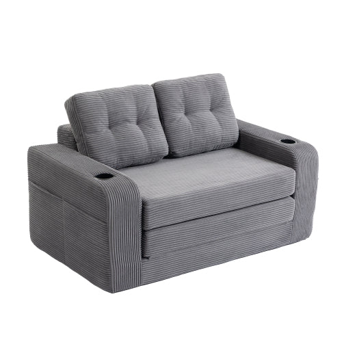 2-in-1 Fold-Out Corduroy Convertible Floor Sofa-Bed with Pockets