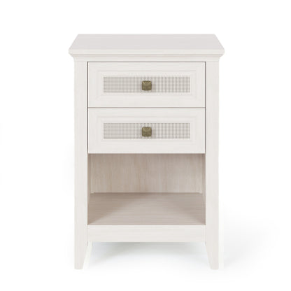 Grayish White Boho Rattan Nightstand with 2 Drawers & Open Shelf
