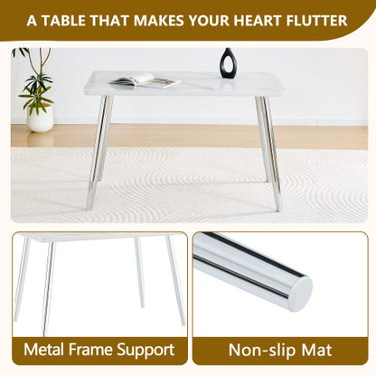 Marble Pattern Glass Dining Table with Silver Tapered Metal Legs