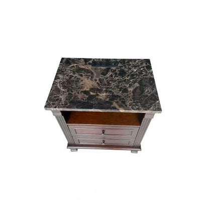 Walnut Tall Nightstand with Charging Station, Marble Grain 2-Drawer Bedside Table for Bedroom & Living Room