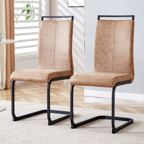 High Back Fabric Dining Chairs with C-Shaped Metal Legs, Set of 2, Brown/Black