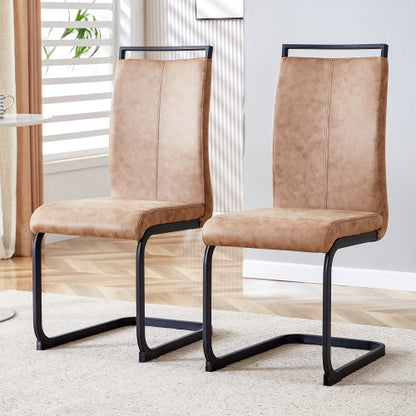 High Back Fabric Dining Chairs with C-Shaped Metal Legs, Set of 2, Brown/Black