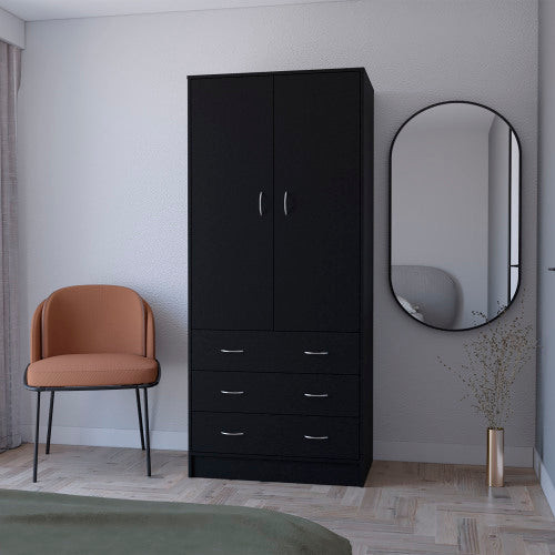 Armoire, with 2 doors, 3 drawers and 1 hanging rod, Black