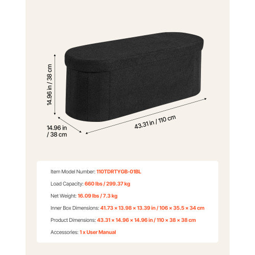 Black Foldable Teddy Fleece Oval Storage Ottoman Bench, 660 LBS Bed End Bench with Divided Storage