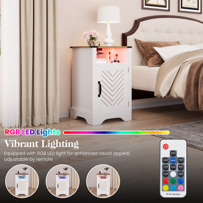 LED Nightstand with Charging Station, Farmhouse Wooden Side Table with Cabinet and Shelf