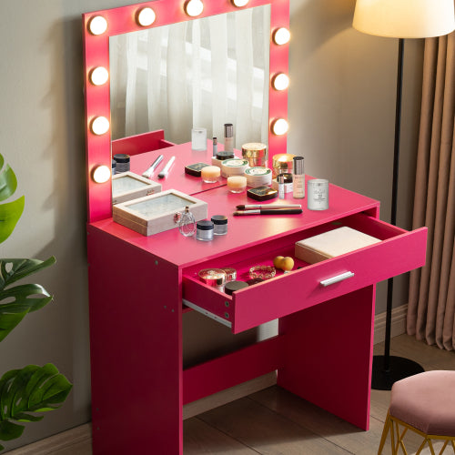 Pink Vanity Desk with Mirror and Lights, 11 LED Bulbs, Large Drawer, 3 Lighting Modes, Bedroom