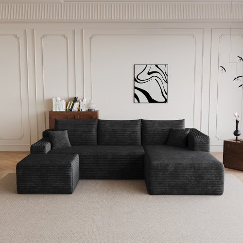 95-Inch Black Plush Corduroy U-Shaped Cloud Sectional Sofa with 1 Ottoman, Deep-Seat Corner Couch No-Assembly for Living-Room